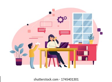 Mother Freelancer. Raising Child And Working Home On Laptop. Home Office. Remote Worker, Employee Schedule, Flexible Schedule Concept. Stress, Disadvantages Of Working From Home. Vector Illustration.