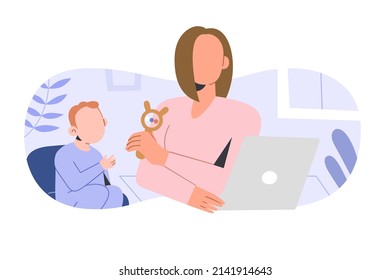 Mother freelancer trying to work at home with infant child distracting her, playing with son with rattle toy, sitting at desk with laptop, multitasking maternity, career concept, vector illustration