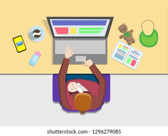Mother freelancer working at home on the computer with a baby in sling. Vector. Flat design.