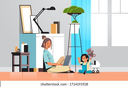 mother freelancer working at home using laptop little daughter playing with toys coronavirus pandemic quarantine self-isolation concept living room interior horizontal full length vector illustration