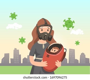 Mother in gas mask holding baby in protection suit on summer city background with green viruses floating around. Quarantine, coronavirus concept. Colorful cartoon flat vector illustration.