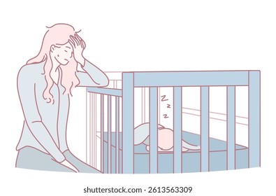 A mother gazes lovingly at her peacefully sleeping baby, capturing the enchanting essence of motherhood