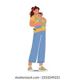 Mother Gently Cradles Her Baby In A Sling, Providing Closeness And Comfort. A Beautiful Bond Between Mother And Child, Nurturing Love And Promoting A Sense Of Security. Cartoon Vector Illustration