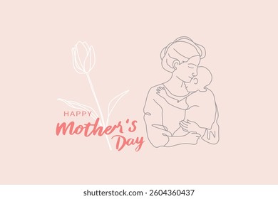 Mother gently embracing her child, adorned with tulips, presented in a hand-drawn continuous line art style. Suitable for Mother's Day card design.