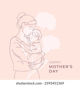 Mother gently holding her child, in a handdrawn continuous line art style, vector illustration for Mother's Day.