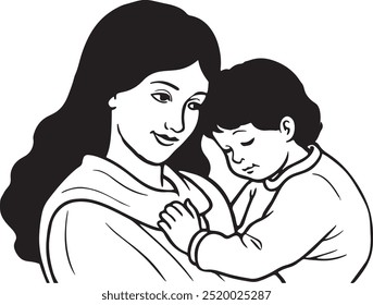 A mother gently holds her child in a tender embrace