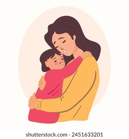 A mother gently hugs her little daughter. He holds her in his arms. Yellow, pink colours. Vector illustration for magazines, postcards, websites