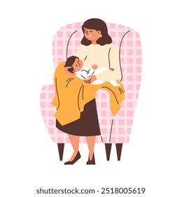 Mother gently rocks her son in her arms, sitting in a chair. Woman sings a lullaby to her baby, calming him down. Getting ready for bed. Happy parenting concept Vector illustration on white background