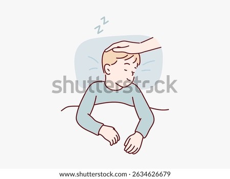 Mother Gently Stroking Sleeping Child’s Head. Hand drawn style vector design illustrations.
