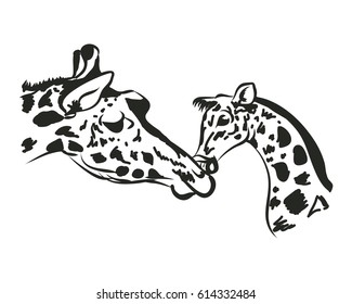 Mother giraffe and her cub. Pattern lines on white background, vector