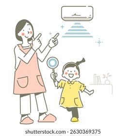 A mother and a girl enjoying a comfortable stay with the air conditioner - simple and cute line drawing illustration