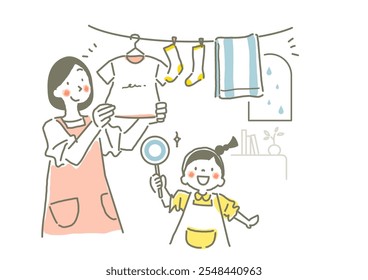 Una madre y una niña colgando la ropa juntos - Una ilustración dibujada a mano con estilo y lindo