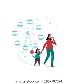 Mother and girl visiting a winter fair together. Family outdoor winter activities scene. Children's' vector illustration.
