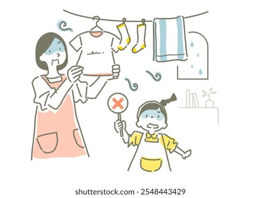 Uma mãe e uma menina que estão perturbados com o cheiro de roupas secas dentro de casa - Uma ilustração elegante e bonito desenhado à mão