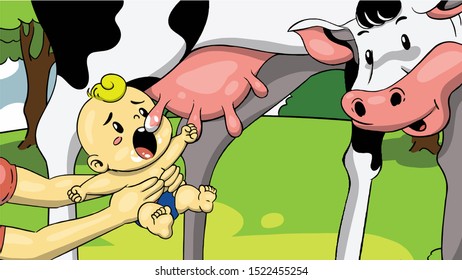 a mother gives her child cow's milk. Vector Cartoon Illsutration. Eps 10