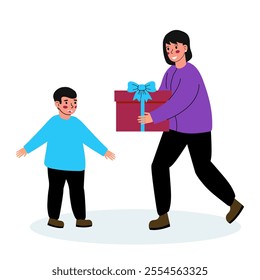 Mother gives her son a gift for Christmas. Vector illustration on a white background.