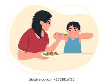 Mother gives her son salad.  boy rejects healthy eating, refuses vegetables.