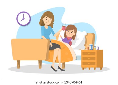 Mother gives hot tea to a sick child with fever. Ill kid lying in the bed under blanket. Girl suffer from flu or cold. Isolated vector illustration in cartoon style