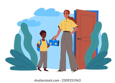 Madre da el almuerzo a la escuela. Mujer da caja con comida a hijo. Preocúpate por los niños. Preparación para la lección escolar. Educación y formación. Ilustración vectorial plana aislada sobre fondo blanco