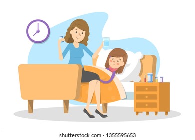 Mother gives pills to a sick child with fever. Ill kid lying in the bed under blanket. Girl suffer from flu or cold. Isolated vector illustration in cartoon style