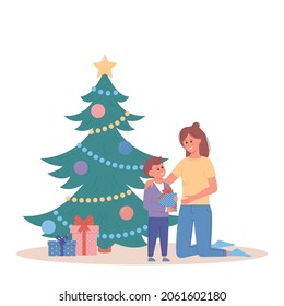 Mother gives son gift. Family people on holiday celebration at home interior with tree and presents. For Merry Christmas and Happy New Year Greeting Card, Banner, Poster, Flyer. Vector art
