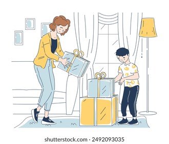 Mother gives son gifts. Woman giving prseent boxes to boy. Surprise for child or kid. Holiday and festival. Birthday, Christmas or New Year. Linear vector illustration isolated on white background