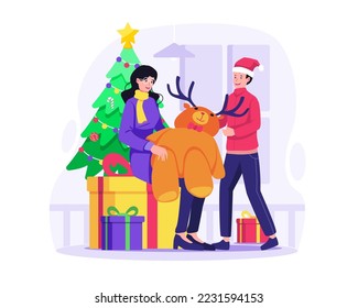 A Mother gives a stuffed reindeer as a gift to her Son to celebrate Christmas and the New year's Winter Holiday. Vector illustration in flat style