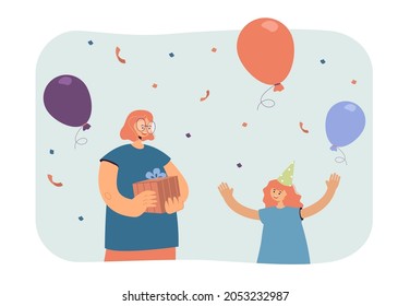 Mother giving birthday gift to happy child. Woman holding box, surprise present for daughter flat vector illustration. Birthday celebration concept for banner, website design or landing web page