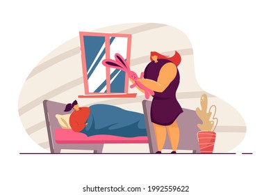 Mother giving bunny toy to her catching cold daughter. Girl lying on sofa, enjoying gift flat vector illustration. Present, parenthood, sickness concept for banner, website design or landing web page