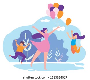 Mother Giving Children Inflatable Balloons Cartoon Flat Vector Illustration. Celebrating Holiday or Birthday in Park. Woman Holding Festive Decorations. Kids Jumping to Catch Balloon.