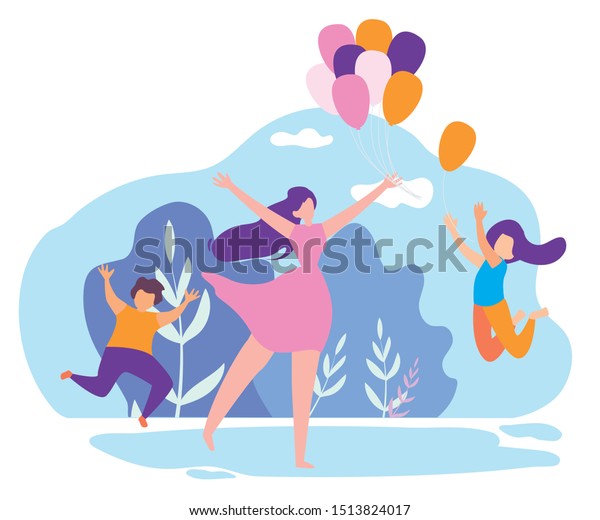 子どもに膨らませる風船の平らなベクターイラストを贈る母親 公園で祝うホリデーや誕生日 お祭りの飾りを持つ女性 子どもたちは飛び跳ねて気球を捕まえる のベクター画像素材 ロイヤリティフリー