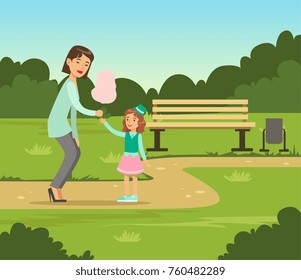 Mother giving cotton candy to her daughter while walking in summer park outside, family leisure vector illustration