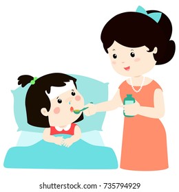 Mother Giving Daughter Medicine Vector Illustration.
Sick Little Girl In Bed Taking Medicine With Spoon.