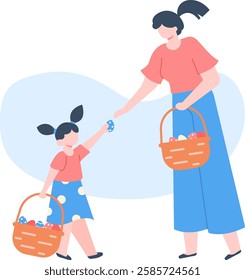 Mother giving easter egg to her daughter, both carrying wicker baskets full of colorful eggs, celebrating easter egg hunt, family activity, spring celebration, vector illustration