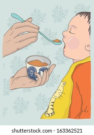 Mother giving  food to her baby. Illustration.