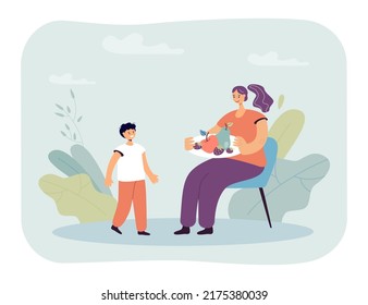 Mother Giving Fruits To Her Son Flat Vector Illustration. Mom Feeding Child With Fresh Berries, Pear And Apple, Taking Care Of Health. Nutrition Concept For Banner, Website Design Or Landing Web Page