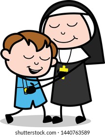 A Mother Giving a Hug to Her Kid - Cartoon Nun Lady Vector Illustration