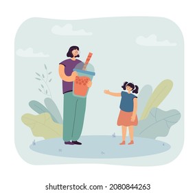 Mother giving huge cup of boba or bubble tea to daughter. Child next to woman holding delicious milk drink flat vector illustration. Beverage, summer, dessert concept for banner or landing web page