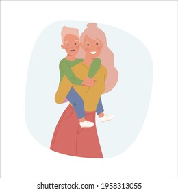 Mother giving piggyback ride to son. Mother carrying a toddler boy on her shoulders. Mother's Day. Children's Day. Vector illustration in a flat style