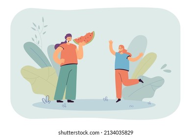 Mother giving slice of watermelon to her daughter. Happy girl enjoying her favorite sweet fruit flat vector illustration. Food, parenthood concept for banner, website design or landing web page