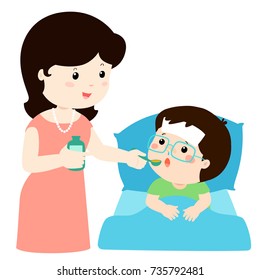 Mother Giving Son Medicine Vector Illustration.
Sick Little Boy In Bed Taking Medicine With Spoon.