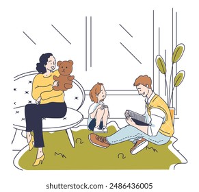 Madre dando juguete al niño. Padre le lee un libro a su hijo, mujer le da un osito de peluche al niño. Familia pasando tiempo juntos. Ocio y ocio en casa. Ilustración vectorial lineal aislada sobre fondo blanco