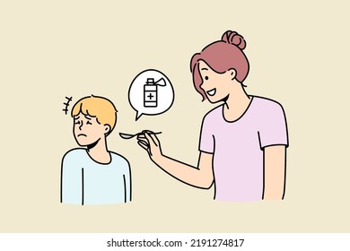 Mother Giving Unhappy Sick Child Meds. Stubborn Ill Boy Kid Refuse Taking Medications. Children Healthcare And Medicine. Vector Illustration. 