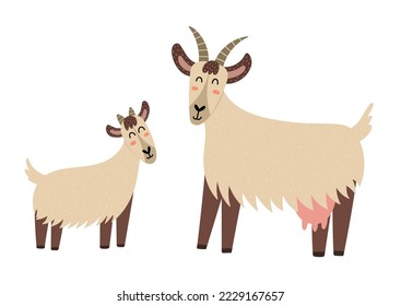 Mother goat with her baby kid. Cute farm animal characters - mom and her child. Mother Day print for kids. Vector illustration