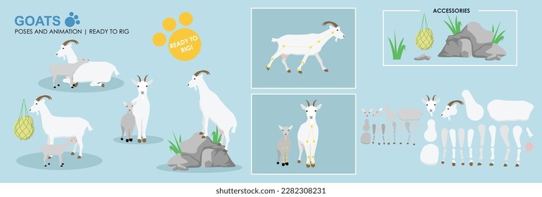 Mother Goat vector with baby kid goat ready to rig for animation. Black mountain goat collection, multiple poses, cute character.	