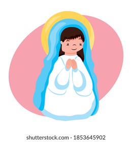 mother of God praying on knees with white and blue dress cartoon