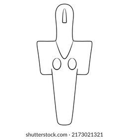 Mother goddess from Turriga, Italy. Madre di Turriga. Neolithic pagan idol. Female figurine as cross shape. Fertility cult. Black and white linear silhouette.