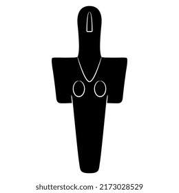 Mother goddess from Turriga, Italy. Madre di Turriga. Neolithic pagan idol. Female figurine as cross shape. Fertility cult. Black and white silhouette.