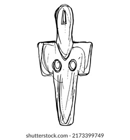 Mother goddess from Turriga, Italy. Madre di Turriga. Neolithic pagan idol. Female figurine as cross shape. Fertility cult. Hand drawn linear doodle rough sketch. Black and white silhouette.