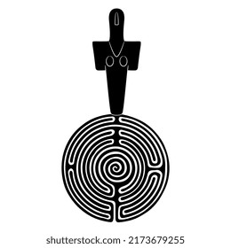 Mother goddess from Turriga standing on top of a round spiral maze or labyrinth symbol. Creatve matriarchal concept. Madre di Turriga, Italy. Neolithic pagan idol. Black and white silhouette.